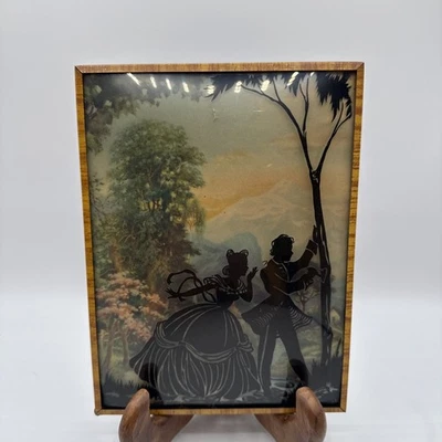 Винтажная Реверсивная Раскрашенная Викторианская Пара Силуэт Выпуклая Пузырьковая Резьба по Стеклу - Изображение 1 из 4