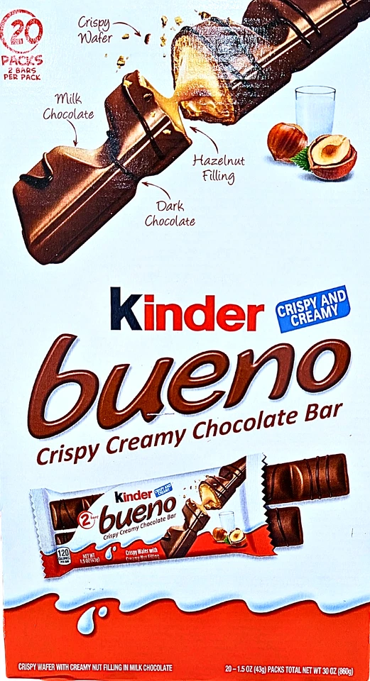 Barritas de chocolate cremosas crujientes Kinder Bueno 20x1,5 OZ caja EXP 02/2026 Foto 1 de 4