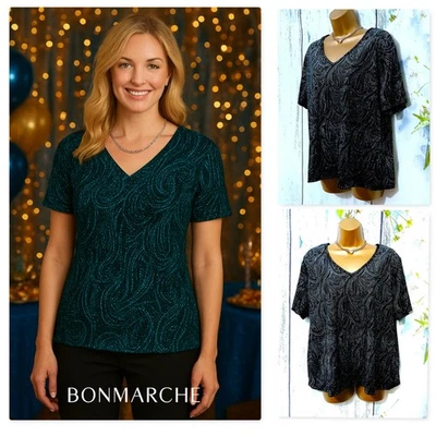 BONMARCHE Blue Glitter Sparkle Top Size L 18/20 V Neck Stretch Party Evening Top - Image 1 of 4