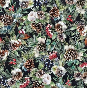 Hoffman Winter Tales Christmas Pine Cone Bouquets Cotton Fabric By The Yard - Picture 1 of 4