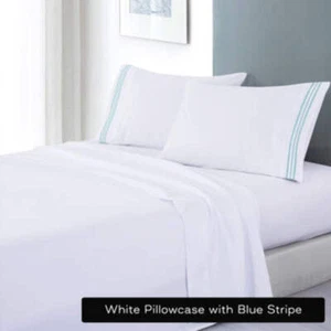soft microfibre embroidered stripe sheet set queen white pillowcase blue stripe - Picture 1 of 1