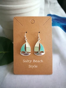 Sea Glass Sailboat Earrings, Green Blue Beach Glass Silver Jewelry Cruise Wear - Picture 1 of 7
