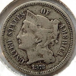 1872 Copper Nickel Three Cent Piece 3c Very Fine VF+ * Original Surfaces * - Picture 1 of 2