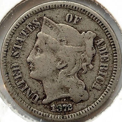 1872 Copper Nickel Three Cent Piece 3c Very Fine VF+ * Original Surfaces *  - Image 1 of 2