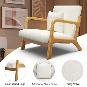 Teddy Fabric Armchair Single Sofa Relaxing Chair, White Solid Wood Frame - Picture 1 of 7