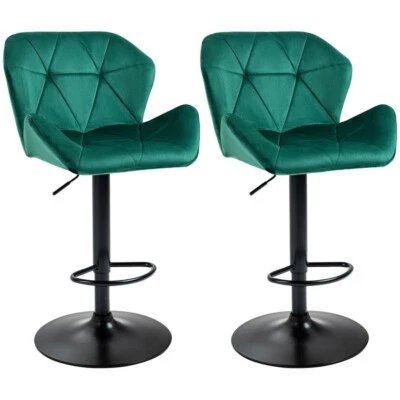 2x Green Velvet Bar Stools Adjustable Swivel Chairs with Footrest - Image 1 of 4