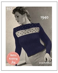 1940's Striped Sweater with Embroidered Spots Knitting Pattern Bust 33-34 - Picture 1 of 2
