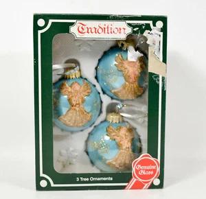 3 adornos de vidrio ángel 3D Kugelgruss Traditions azul y dorado de colección Alemania Occidental - Imagen 1 de 9