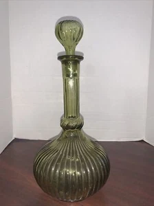 Empoli Green Glass Genie Decanter & Stopper 12.75" Ribbed Italy - Picture 1 of 3