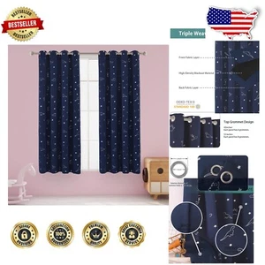 Thermal Insulated Navy Curtains with Dinosaur Prints - Blackout, 52"x45" Size - Picture 1 of 9