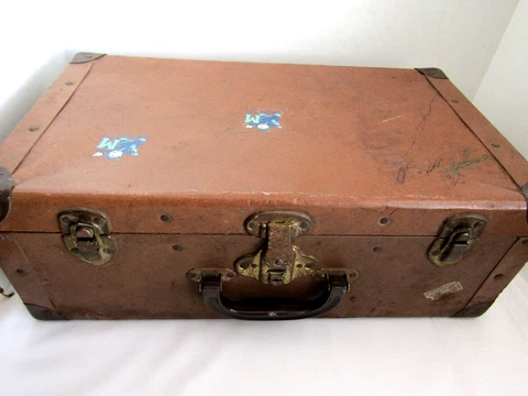 Small Antique Metal Trunk / Suitcase 18" Inch Mid-Century Antique Decor Cover