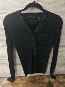 EXPRESS schwarzer Rippstrick V-Ausschnitt Knopfleiste Cardigan Pullover Oberteil Gr. L - Bild 1 von 3