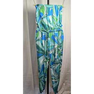Olivaceous Womens S Jumpsuit Small Blue Green Strapless Drawstring Waist Pockets - Image 1 of 4