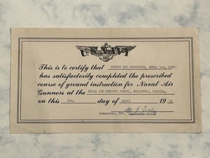 WW2 1943 CERTIFICADO DE ARTILLEROS AÉREOS NAVALES - HOLLYWOOD FLORIDA - RARO - Imagen 1 de 2