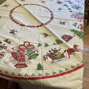 Vintage Japan Weihnachten Fransen Tischdecke 59" rund Baumwolle, Karoler, Schlitten, Glocken - Bild 1 von 8