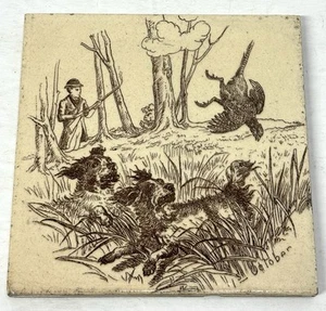 Antique Josiah Wedgwood & Sons Etruria Ceramic Transfer Tile Pheasant Hunt 6x6 - Picture 1 of 6