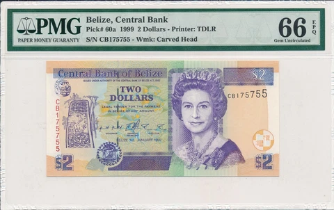 Central Bank Belize  $2 1999 S/No x75755 PMG  66EPQ Cover