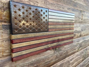 Bandera americana rústica de roble rural de madera natural estilo único decoración patriota del hogar - Imagen 1 de 6
