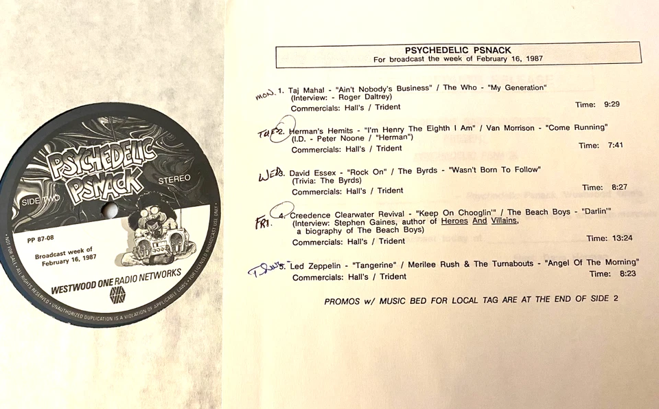 2/16/87 PSYCHEDELIC PSNACK RADIO SHOW, 5 MINI SHOWS (9 TO 15 MIN) & INTERVIEWS - Image 1 of 1