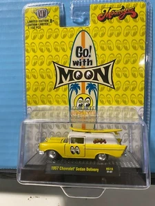 1/64 M2 MOON EYES 1957 CHEVROLET SEDAN DELIVERY WITH SURF BOARD YELLOW & WHITE - Picture 1 of 2