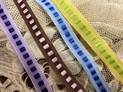 Novelty Boxy Ribbon 3/8” Trim Reversible 1yd Made in France  - Image 1 of 4