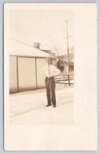 Postcard RPPC Older Man Standing Near Snow Covered Garage Icicles 1926-1940s - Picture 1 of 2