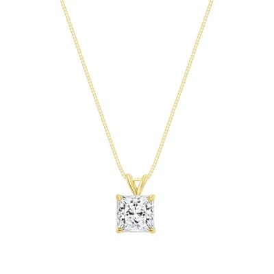 1 Ct Princess Cut Created Diamond Real 14K Yellow Gold Pendant Necklace 18" Box - Image 1 of 2