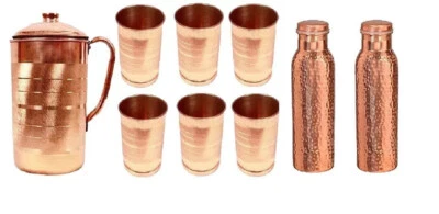 Pure Copper Water Pitcher Jug 1.5 Ltr Water Bottle Flasks Tumber Glass Set Of 9 - Image 1 of 4