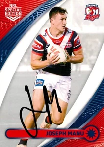 Signed 2024 Sydney Roosters NRL TLA Traders Special Edition Card - Joseph Manu - Foto 1 di 3