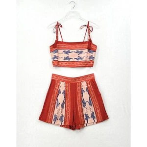 CAROLINE CONSTAS Linen 2 Piece Short Set Women Medium Red Orange Tiger Print NEW - Picture 1 of 19