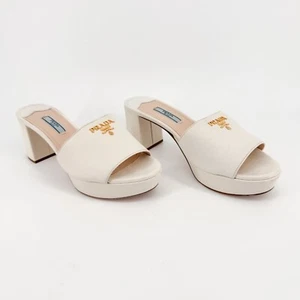 Prada Platform Slide Sandals Size 39 US 9 White Saffiano Logo Block Heel Mule - Picture 1 of 14