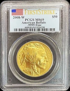 2008 W  GOLD $50 BUFFALO 9,074 MINTED 1oz COIN PCGS MINT STATE 69 FIRST STRIKE - Picture 1 of 2