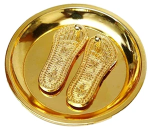 Indian Traditional Gold Plated Shri Maa Laxmi Charan Paduka With Plate o310 - Picture 1 of 5