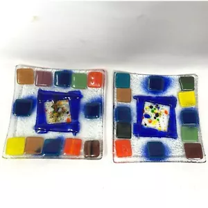 Plato de baratija cuadrado de vidrio artístico fundido de 5" sin firmar colorido Murano? Juego de dos 4,5" - Imagen 1 de 8