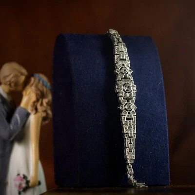 Pulsera Plateado Antiguo Arte Decoración Floral Cz Blanco Vintage 1920s Estilo - Imagen 1 de 4