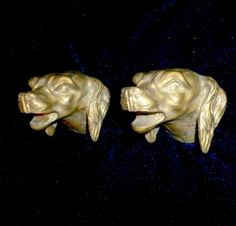 PAIR OF FRENCH BRONZE/BRASS DECORS MOUNTS FINIALS HUNTING DOG HEADS Cover