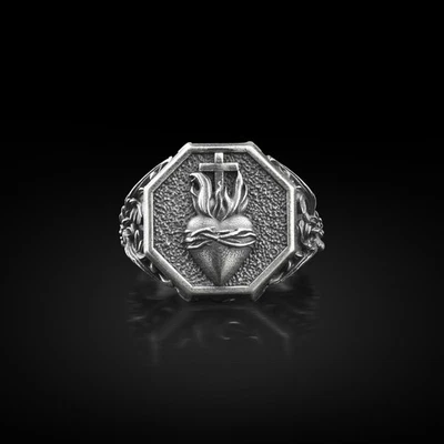 Anello Sacro Cuore Gesù Sigillo Argento Sterling Protezione Uomo Cristiano... - Immagine 1 di 4