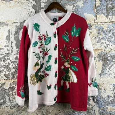 VTG Storybook Knits Ugly Christmas Cardigan Elf Wreath Fair Isle Holiday L - Image 1 of 4