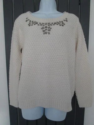 IVORY CREAM WINTER CHUNKY KNIT JUMPER SIZE 16 - HARDLY WORN EMBELLISHED - Image 1 of 4