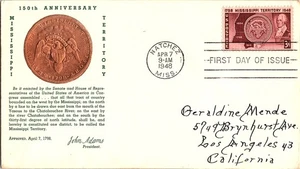 Centennial Mississippi Territory by John Adams April 7, 1948 Mail Cover FDC - Picture 1 of 1