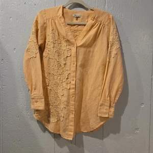J. Peterman Linen Cotton Shirt Coral Peach Floral Applique size XXS Lagenlook  - Picture 1 of 11