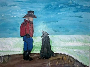 Original Acrylic Painting 11"x14" on Canvas Man And His Dog Wired - Picture 1 of 3