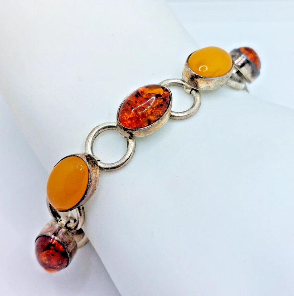 Brazalete de eslabones de ley Jay King DTR ámbar báltico caramelo/miel cabujón Foto 1 de 4