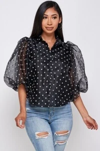POLKA DOT ORGANZA BUTTON DOWN LANTERN PUFFER SLEEVE SHIRT - Picture 1 of 4