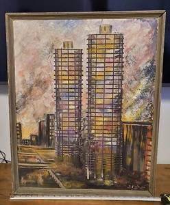 Marina City Towers Chicago 1965 pintura original al óleo sobre madera de J. Eizel - Imagen 1 de 18