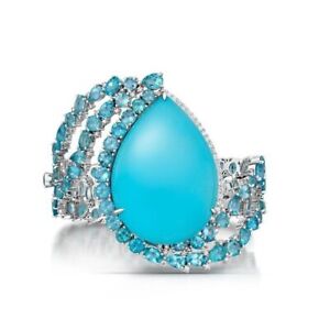 Teardrop Turquoise Cocktail Ring 925 Fine Silver Right Hand Jewellery For Women