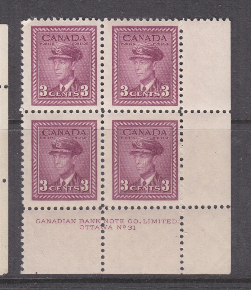 CANADA, 1943 KGVI, 3c. Purple, corner block of 4, imprint, mnh. - Image 1 of 1