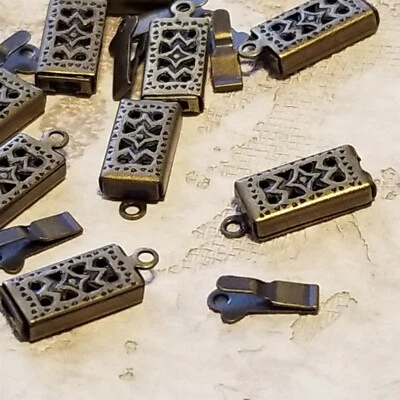 Antique Brass Fancy Steampunk Victorian Filigree Rectangle Box Clasps 2 sets - Image 1 of 4