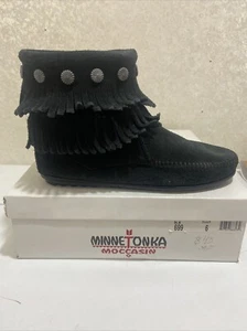 Minnetonka Women's Black Suede Fringe Ankle Bootie Moccasins Size 6 - Picture 1 of 9