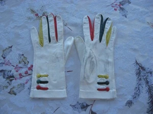 Guantes cortos italianos de cuero vintage años 70 para mujer muy pequeños amarillo verde rojo - Imagen 1 de 2